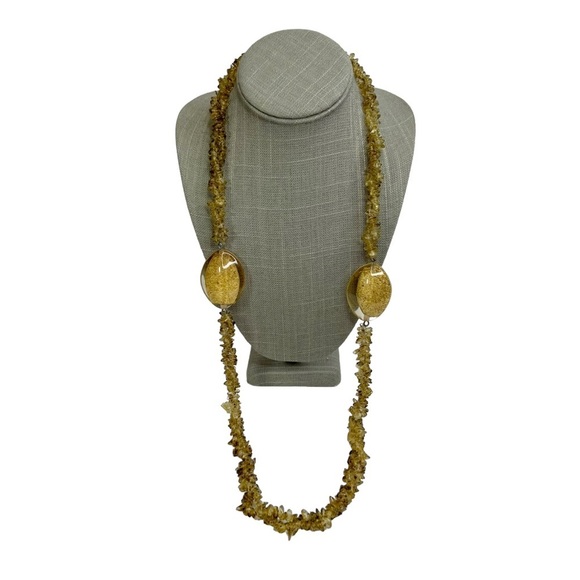 Yellow Amber Color Glass Chip Beaded Twisted Oval Gold Metallic Necklace - Picture 2 of 10